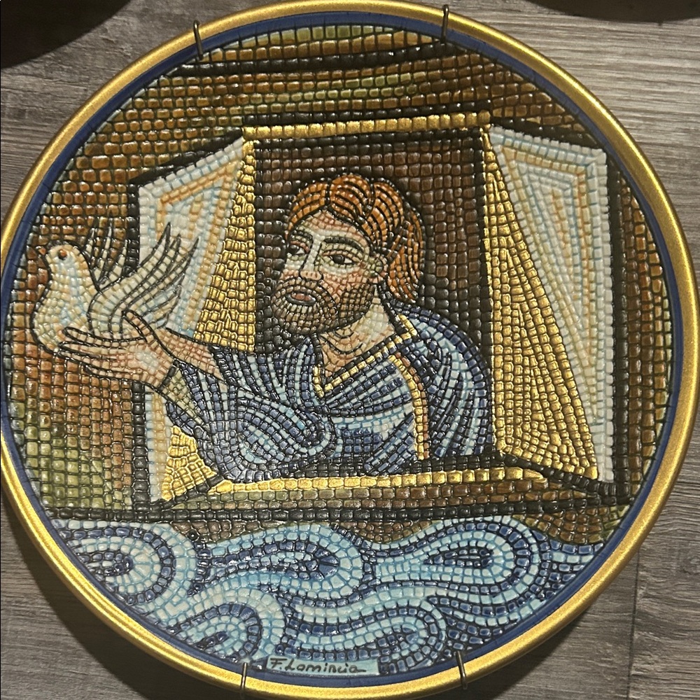 Handcrafted Mosaic Art Plate with Blue and Gold Accents
